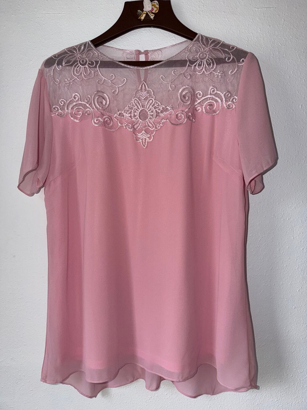 Cotton Candy Pink Lace Short Sleeve Fairycore Flowy Romantic Top Size Large